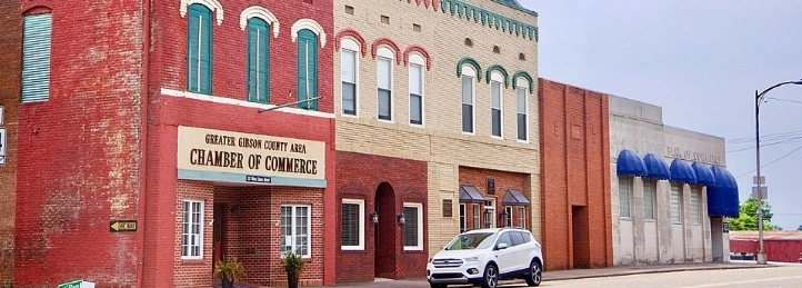 Historic downtown commercial buildings featuring the Chamber of Commerce.
