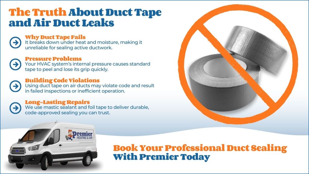 This is an image of a couple rolls of duct tape with an X symbol over the top of it. The headline reads the truth about duct, tape and air duct leaks.
