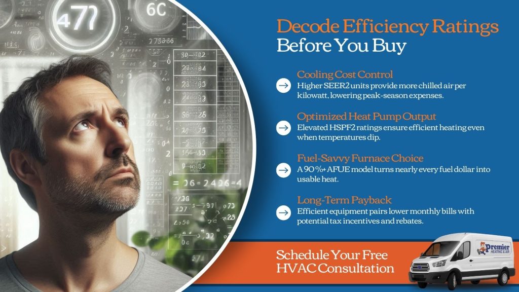 This is an image of a homeowner trying to figure out efficiency ratings, and decode them in his head. There are number scattered around behind his head the headline raised decode efficiency ratings before you buy.
