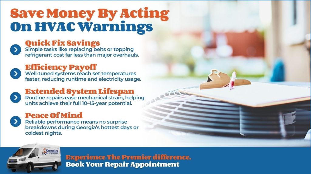 This is an image of an HVAC unit with a clipboard on top of it. The headline reads save money by acting on HVAC warnings.