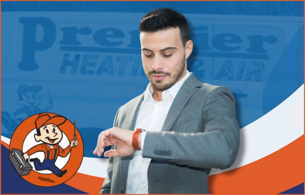This is an image of a man looking at his watch and the premier logo
