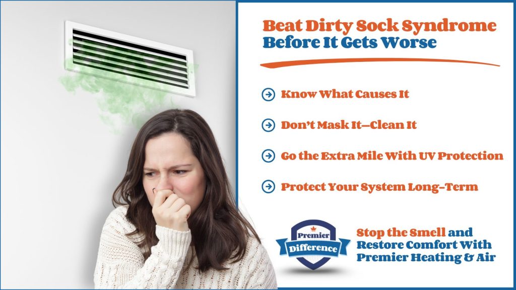 This is an image of green smelly smoke coming out of a air-conditioning vent a woman in front of solving her nose. The headline reads dirty sucks syndrome before it gets worse.