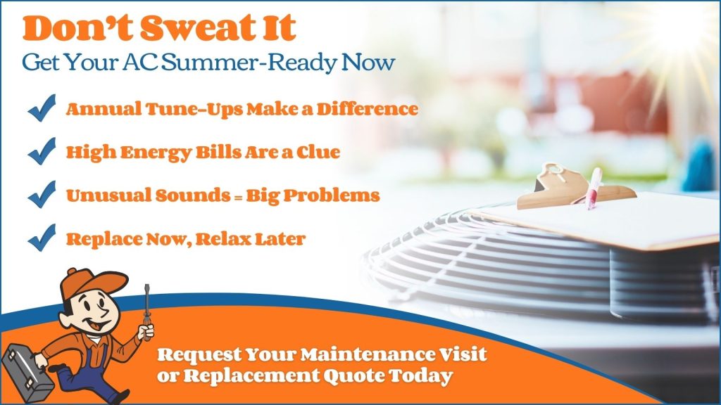 This is an image of an AC unit with a clipboard on top of it. The headline reads don't sweat it get your AC summer ready now.