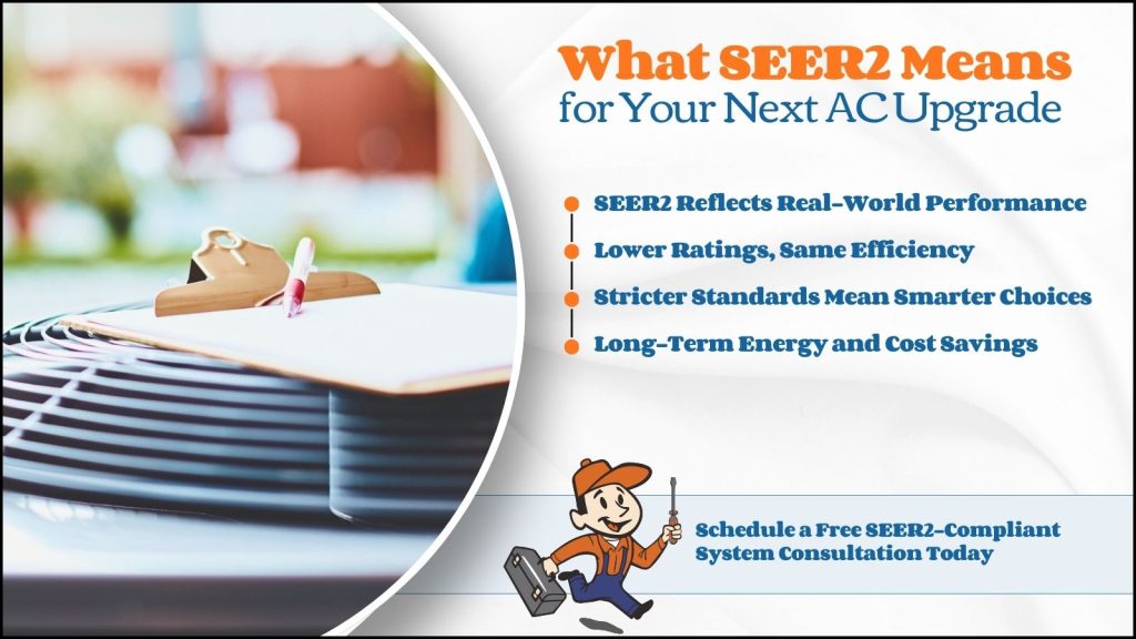 This is an image of a new AC unit with a clipboard on it. The headline reads what SEER2 means for your next AC upgrade.