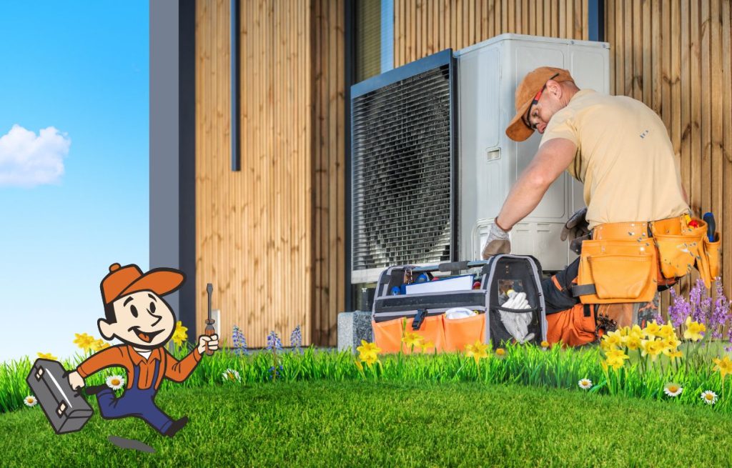 This is an image of an HVAC technician working on an AC unit with a spring theme. The premier logo is in the left corner.