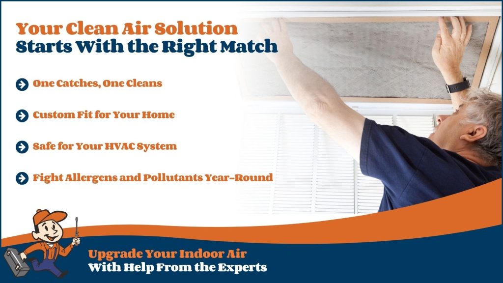 This is an image of an HVAC technician changing a air filter. The headline reads your clean air solution starts with the right match.