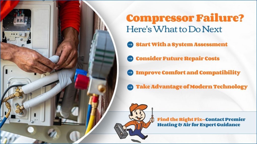 This is an image of an HVAC technician working on a AC compressor. The headline reads compressor failure? Here's what to do next.