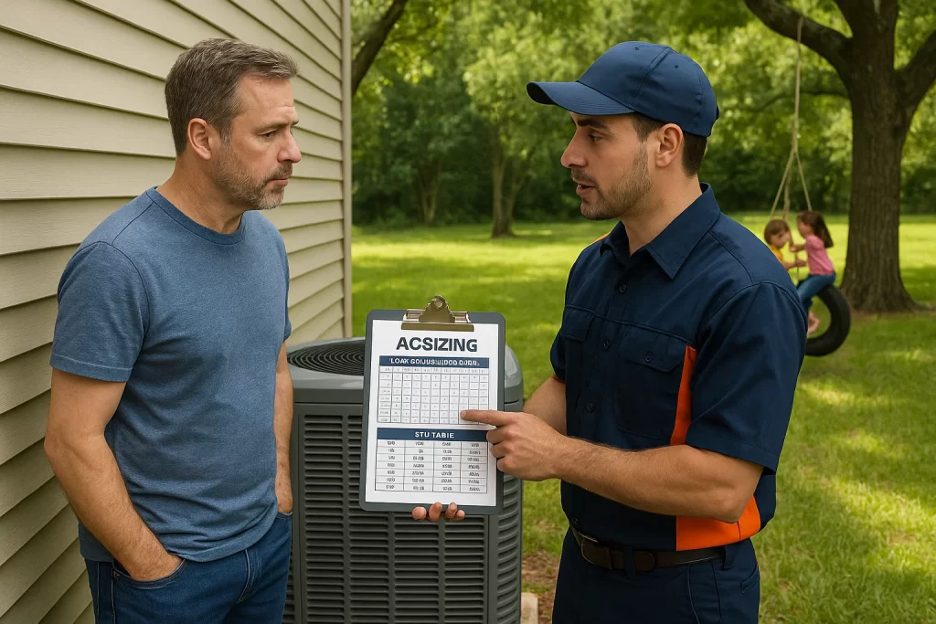 Technician reviewing BTU chart and AC sizing considerations with homeowner