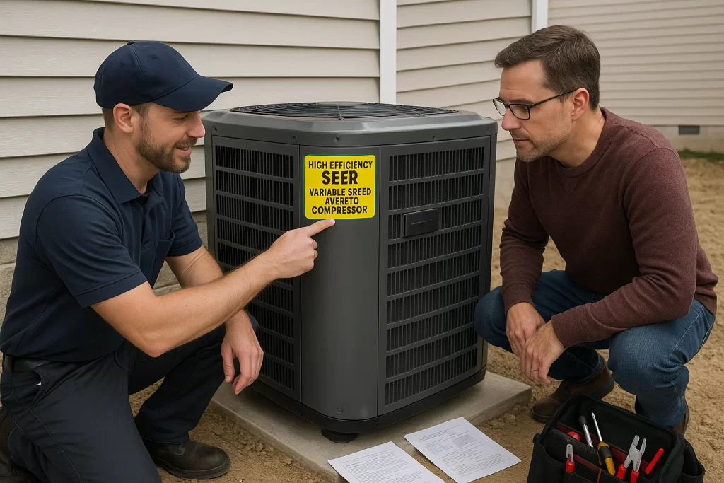 Technician pointing to high‑efficiency condenser and inverter compressor outdoors