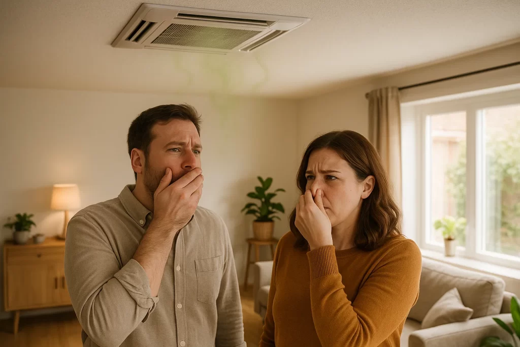 A homeowner couple are revolted by the dirty sock stench coming from their ac vent.