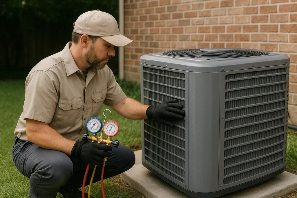 Technician inspecting AC condenser coils during maintenance visit