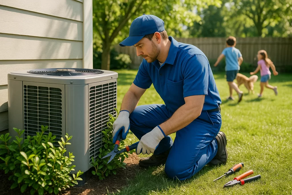 Technician clearing debris around outdoor AC condenser in backyard"