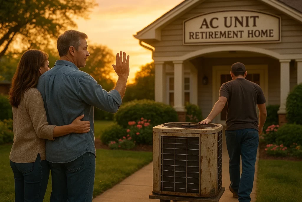 An old, weathered AC condenser unit being dropped off at an AC unit retirement home by a husband and wife homeowner.