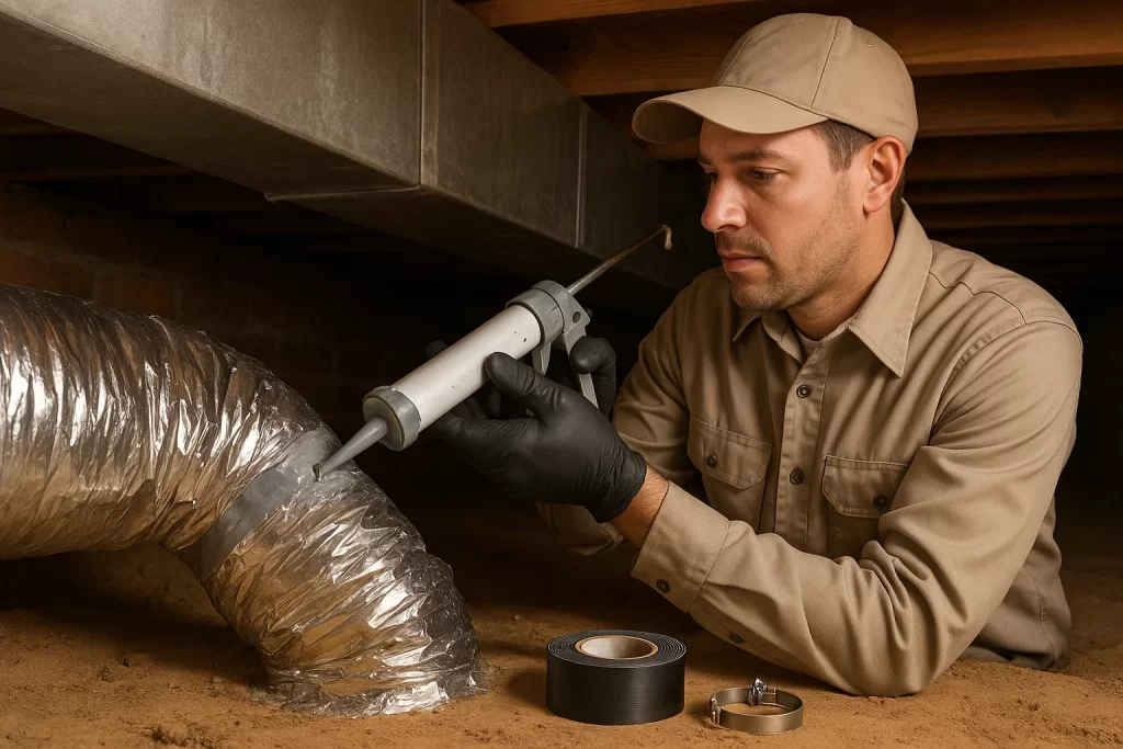 Technician sealing flexible duct joint in crawlspace using professional tools