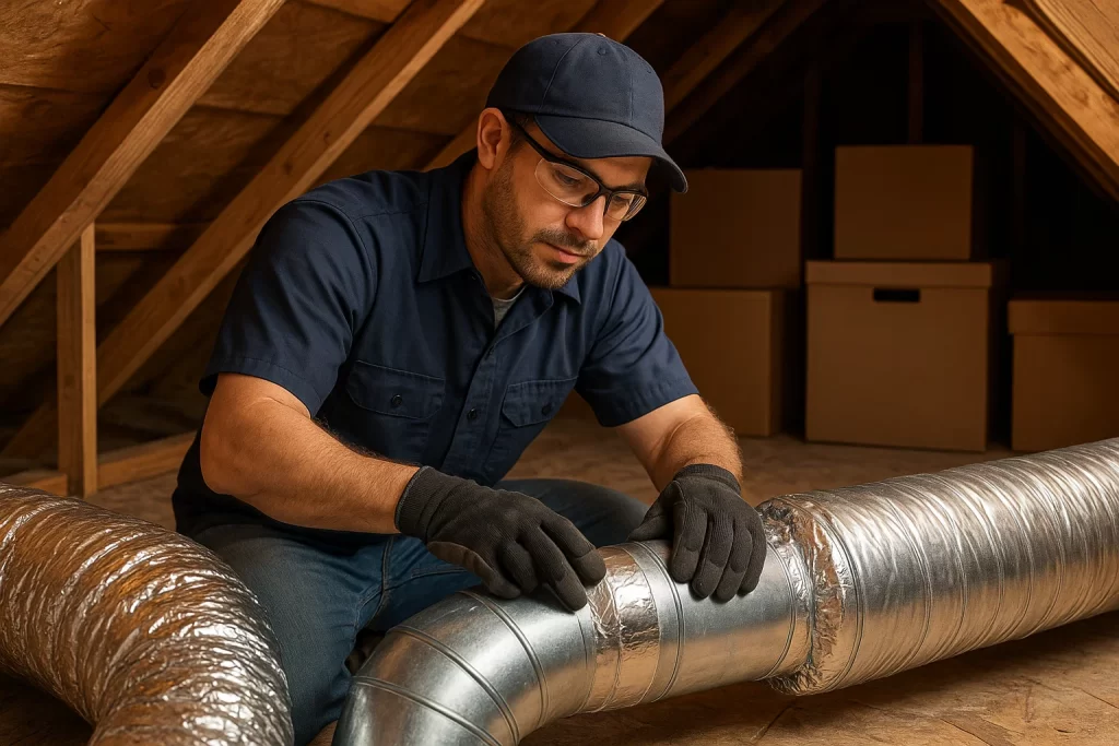Technician installing new insulated metal duct in attic