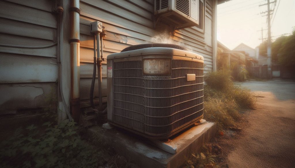 An old ac unit that is on the side of a house. The ac unit is slightly smoking.