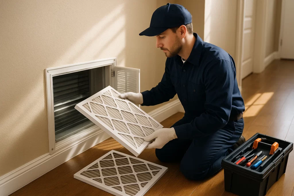 Technician replacing dirty AC air filter in home hallway