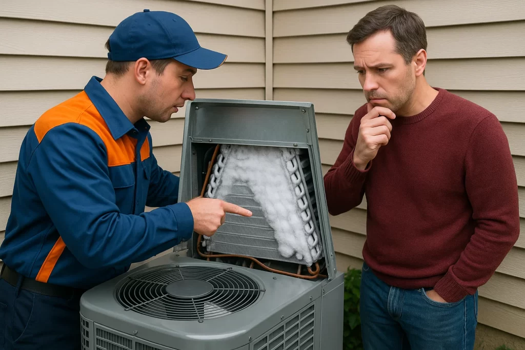 Technician pointing out heavy frost on evaporator coils to homeowner