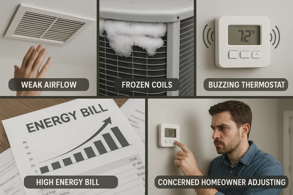 Collage of common heat pump issues including frozen coils and high energy bills