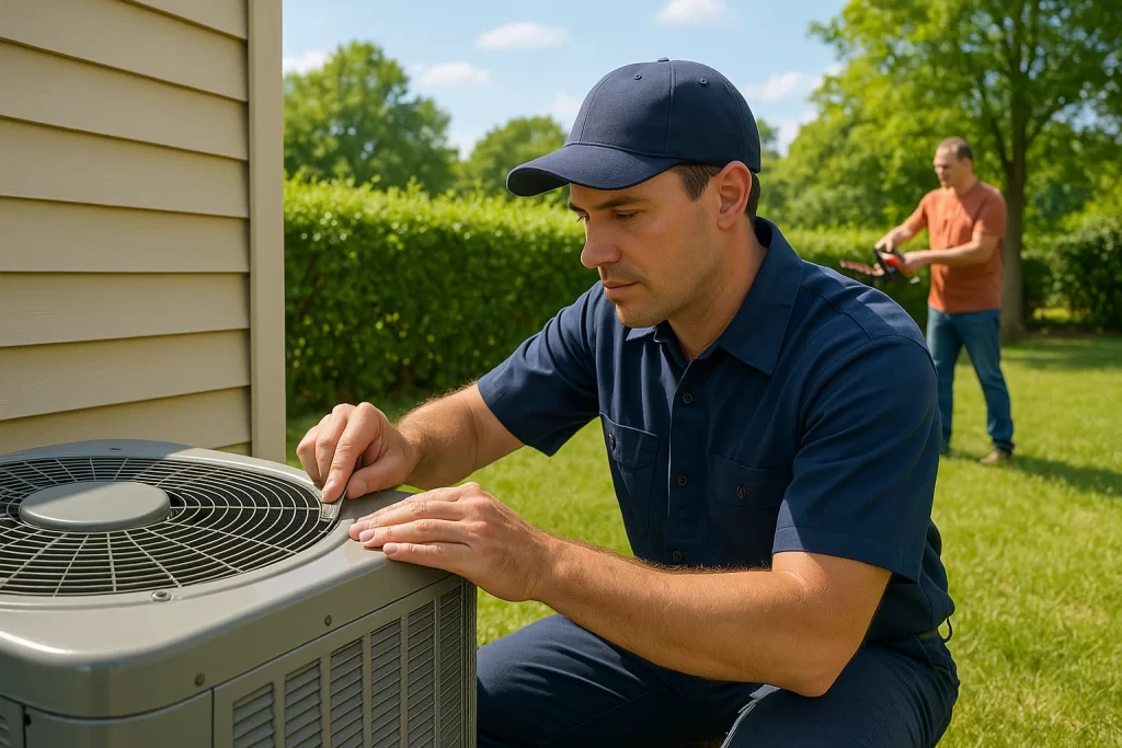 Technician using fin comb to straighten condenser fins during maintenance