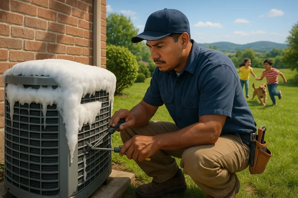 This is an image of an HVAC technician working on a frozen AC condenser unit