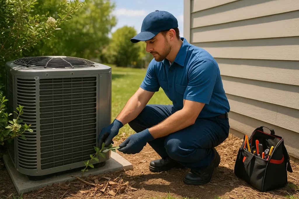Technician clearing shrubs around outdoor AC condenser unit.