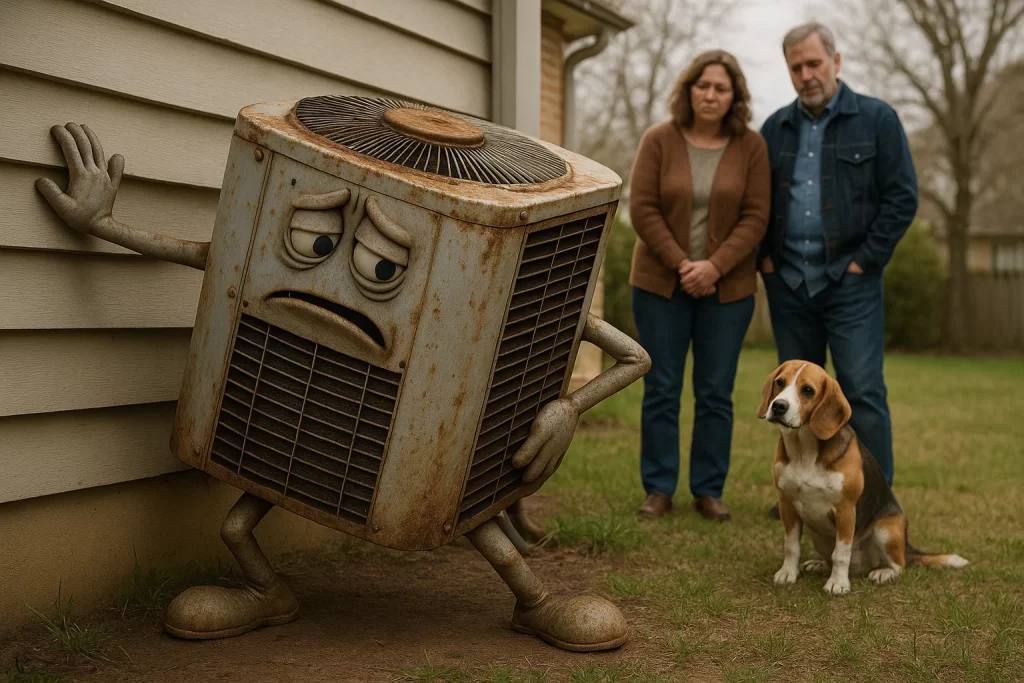 Concerned couple and dog watch an animated, sad HVAC unit leaning against a house, symbolizing heating and air installation issues.