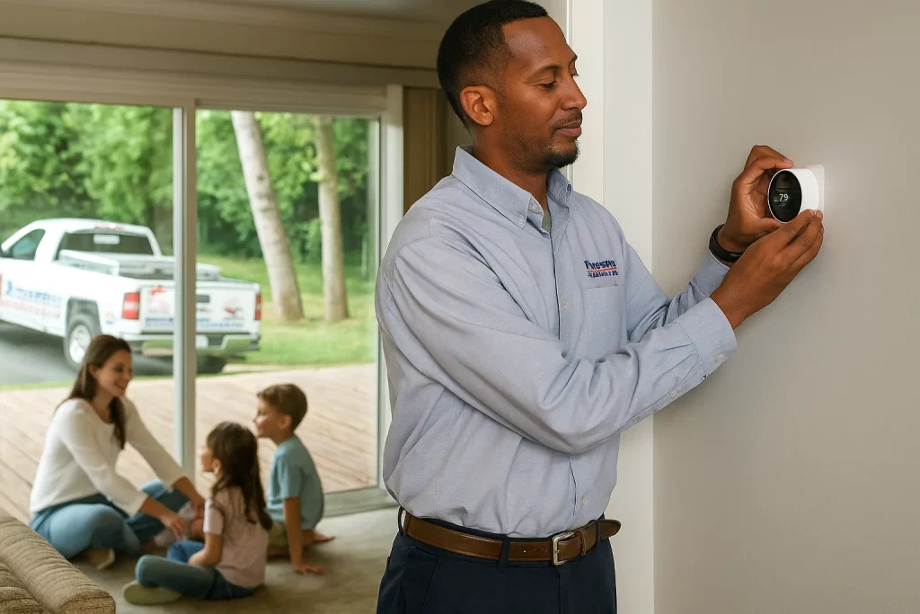 An HVAC technician installing a new smart thermostat in a homeowners living room