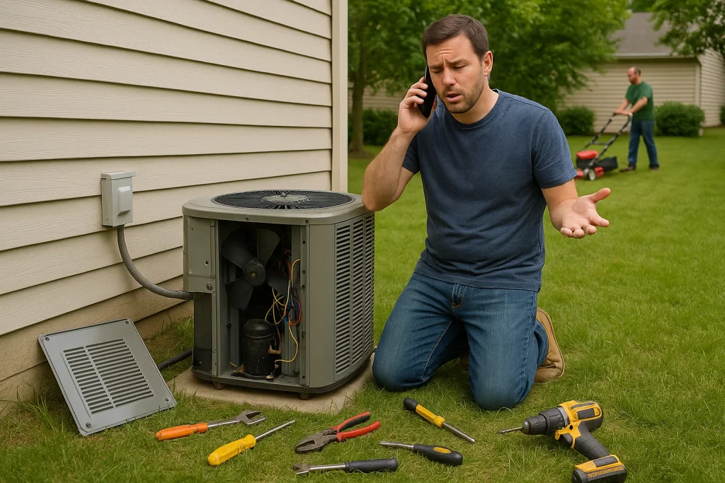 An image of a homeowner calling for HVAC help after trying to fix his own ac unit.