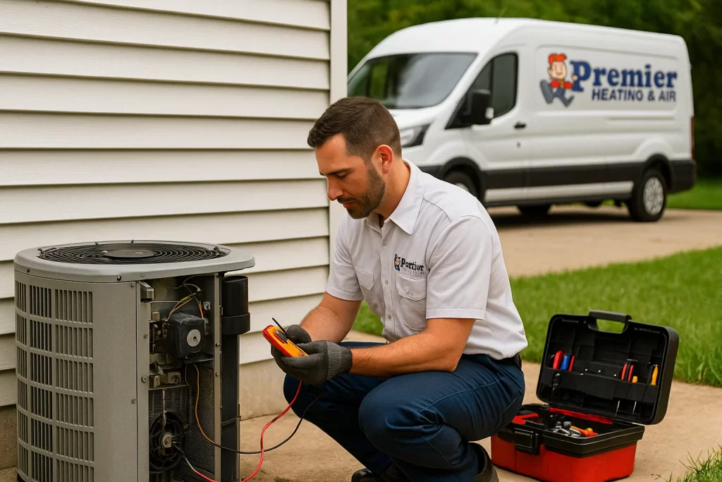 HVAC technician tests fan motor wiring on disassembled AC condenser