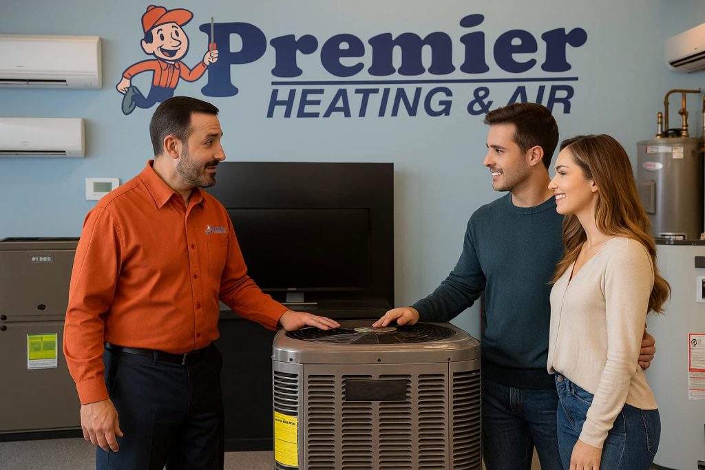 Two homeowners in premier heating and air showroom looking at heat pumps and AC units