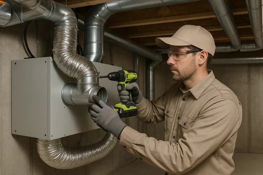 HVAC technician installs ductwork to an ERV system in a residential basement