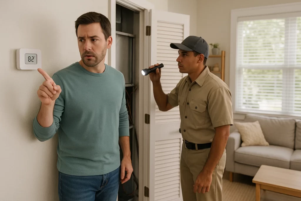 Homeowner and technician inspect indoor air handler after high thermostat reading.
