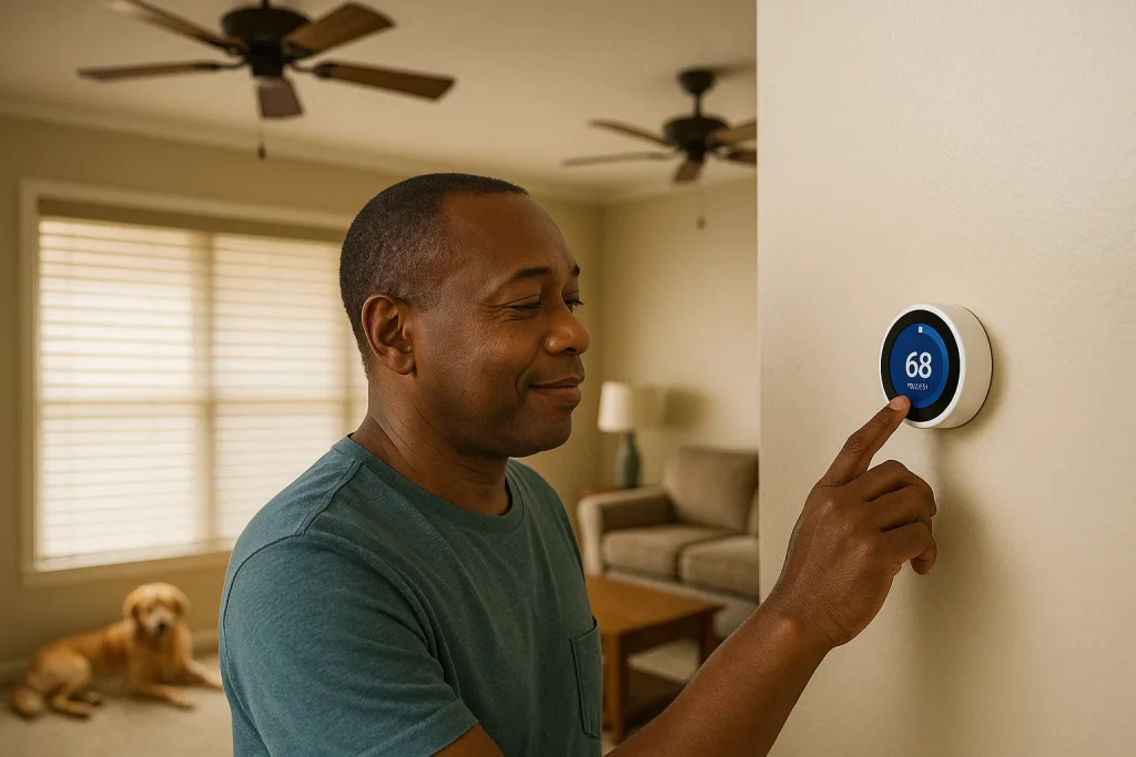 Homeowner adjusting smart thermostat while using fans and blinds to stay cool in Georgia summer