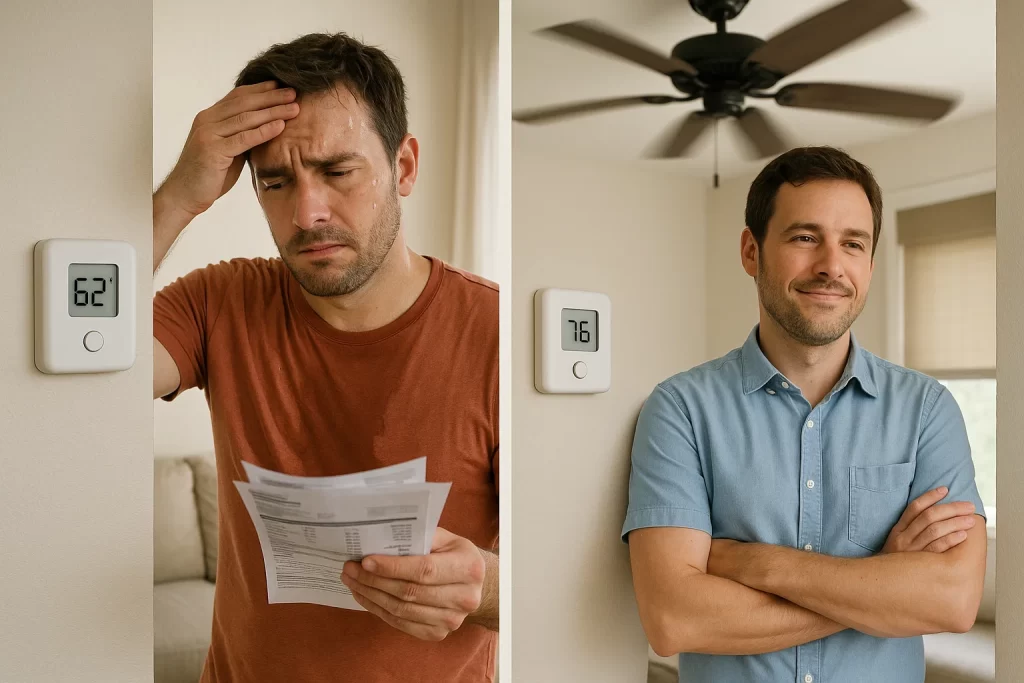 Visual comparison of ineffective vs. efficient summer cooling habits