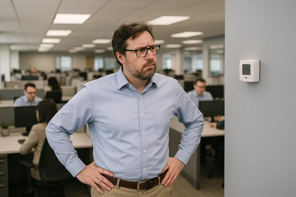 A business manager confused as he stares at a broken thermostat.
