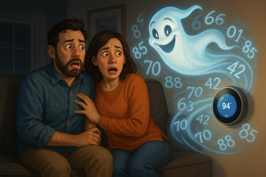 A frightened couple on the couch as a friendly ghost messes with thier smart thermostat.