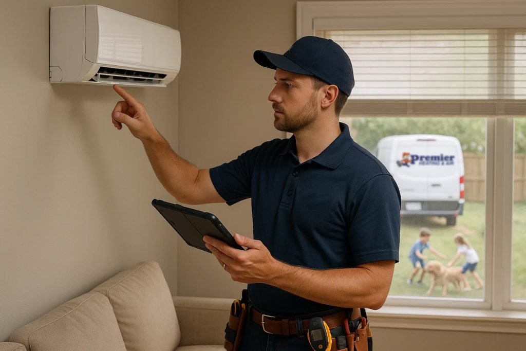 An HVAC technician installs a new ductless AC unit