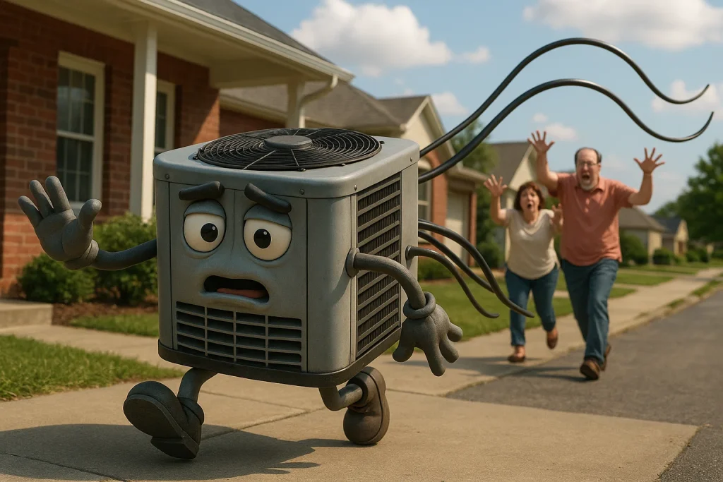 Homeowners chasing their runaway ac unit down the street.