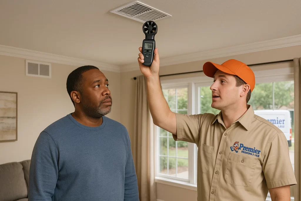 Homeowner and technician reviewing vent airflow in living room