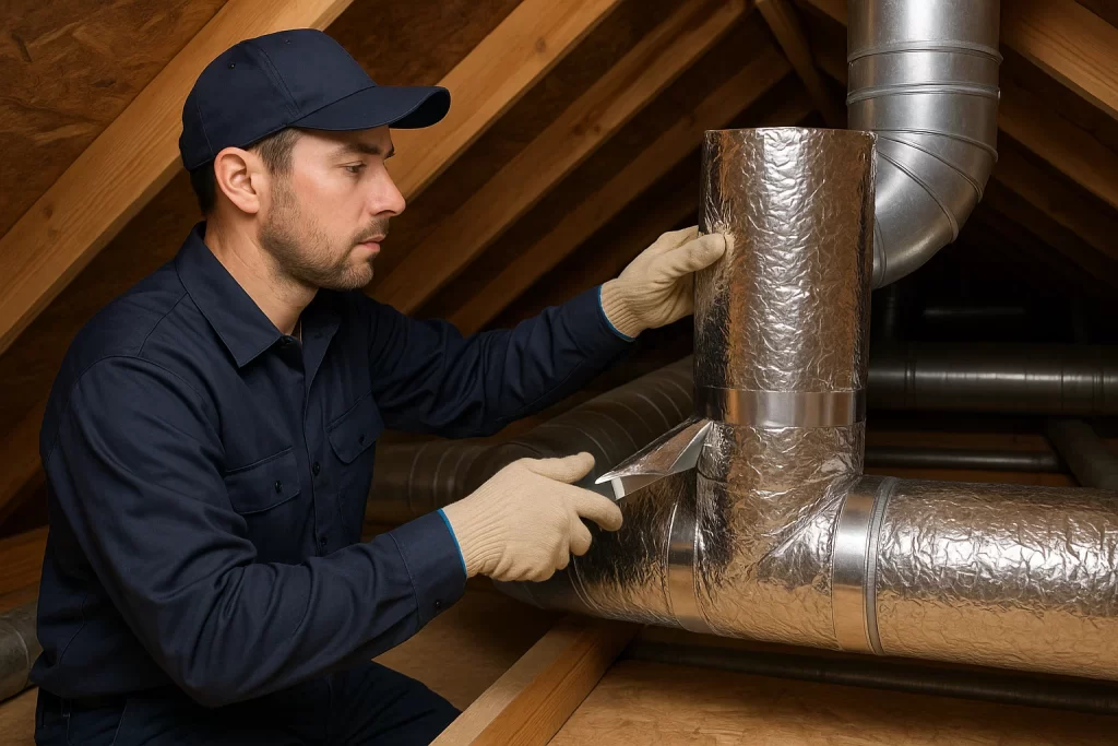 HVAC technician wrapping attic ductwork with foil-faced insulation