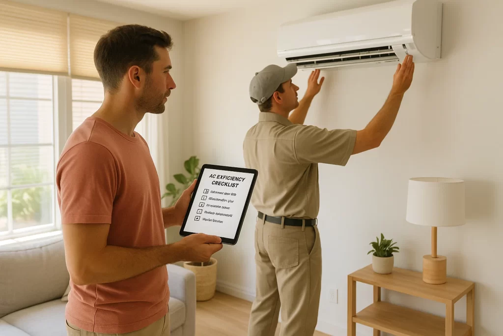 Homeowner and technician inspect indoor air handler with checklist ahead of summer heat