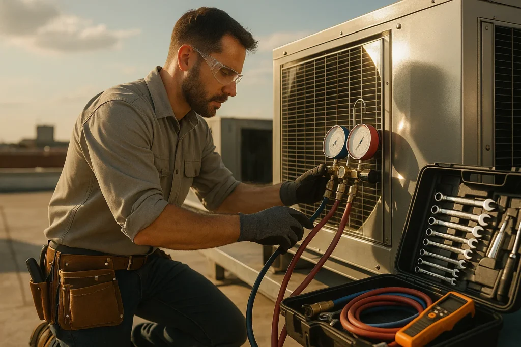 Technician connecting refrigerant gauges to large commercial rooftop cooling unit