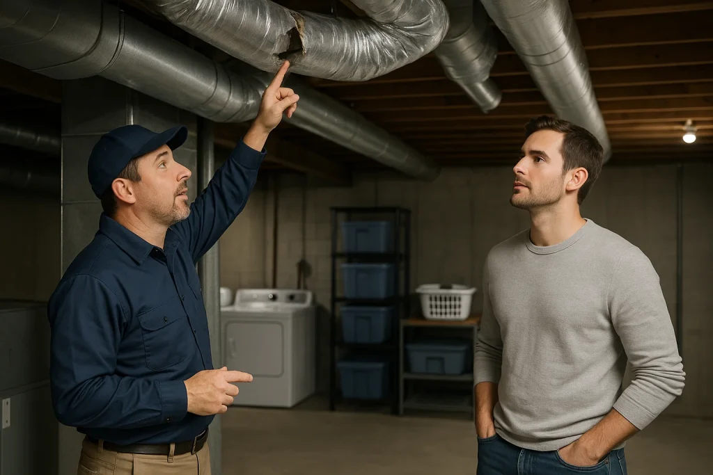 An HVAC tech showing a homeowner a broken duct.