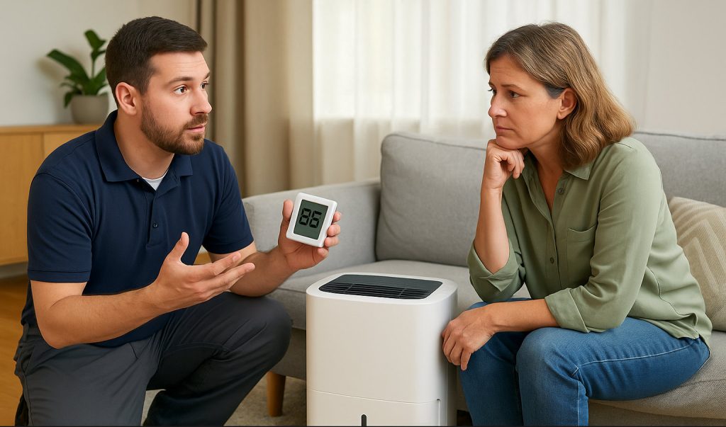 Homeowner learning from technician that AC doesn’t control humidity like a dehumidifier