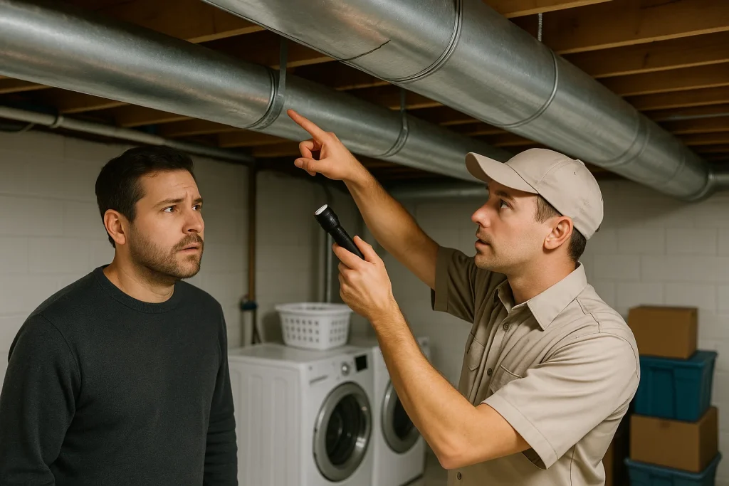 HVAC technician showing homeowner a gap in attic ductwork