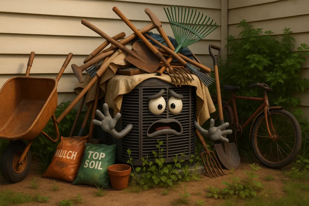 A Cartoon looking AC unit cover in yard tools and weeds.