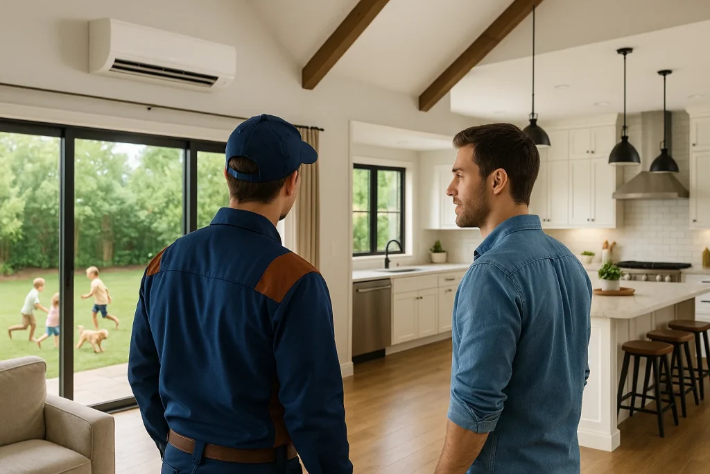 An HVAC tech and homeowner discussing a mini split ac unit.