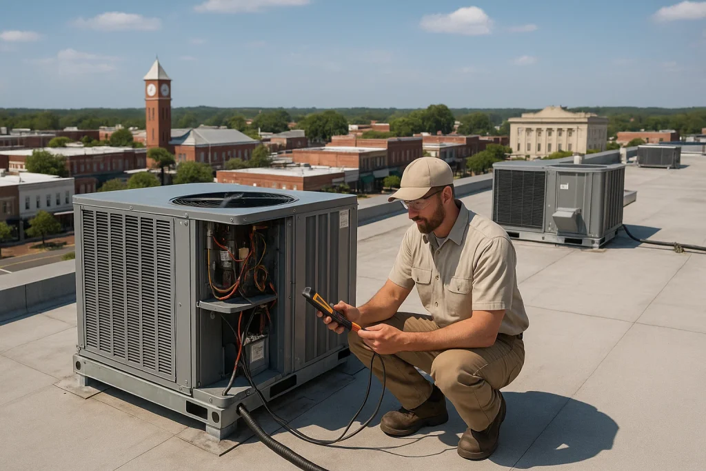Commercial HVAC technician testing rooftop AC unit