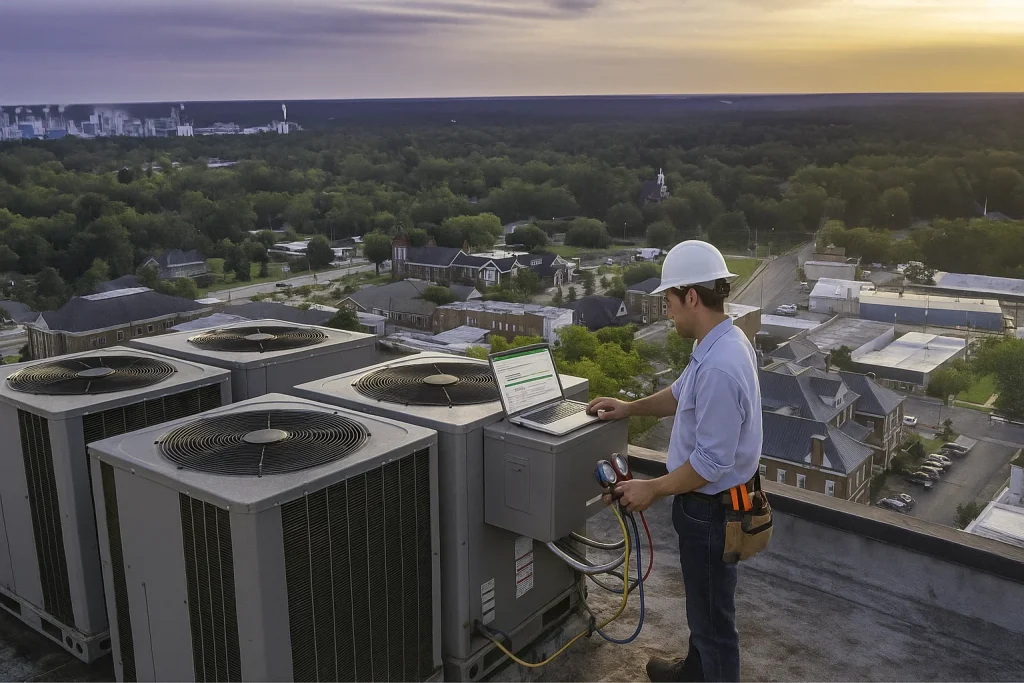 Rooftop commercial HVAC maintenance with technician inspecting units